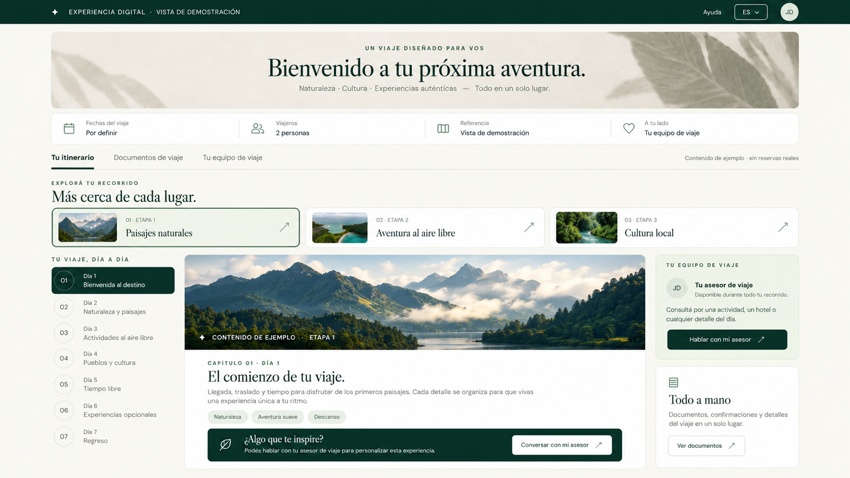 Interfaz de experiencia digital con recorrido, documentos y seguimiento; contenido de demostración.